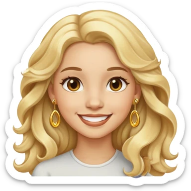 Girl showing happiness, light skin, long wavy blonde hair, gold earrings sticker