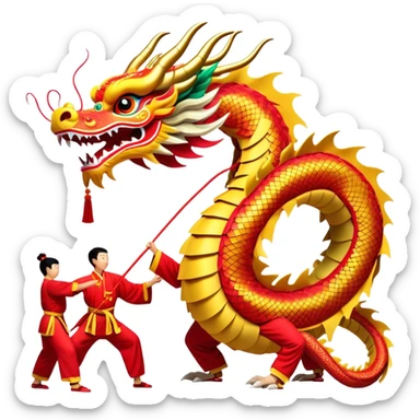 Cinematic Realistic scene of a traditional Chinese Dragon Dance featuring a team of performers skillfully manipulating a colossal, flexible dragon puppet, its intricately detailed, vibrant scales and flowing, embroidered fabric catching the light, set against a festive backdrop of red lanterns and dynamic red-tinged lighting that accentuates the majestic presence of the dragon puppet. sticker