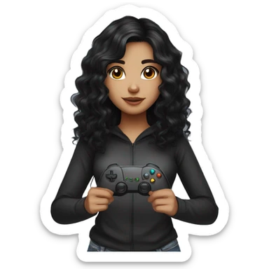 Gamer girl holding game controller with long sleeve top black hair black brown eyes long wavy curly hair looking straight sticker