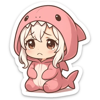 chibi style anime girl with white hair in a pink shark onesie, adorable sad face sticker