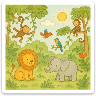 hand drawn digital illustration of jungle safari in the style of children's illustration sticker