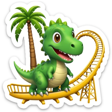 cute dinosaur next to a palm tree and a roller coaster, emoji style sticker