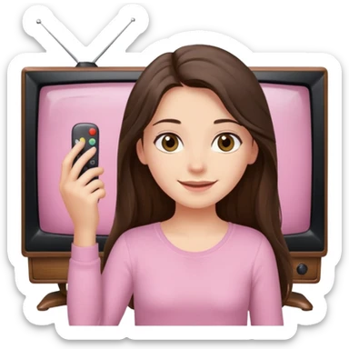 happy long haired brunette girl hazel eyes in light pink watching tv sticker