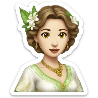 woman in traditional white balinese dress, but white skin and green eyes, brown hair sticker