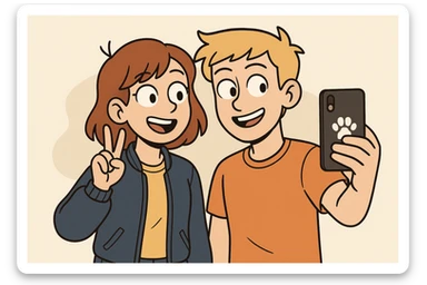 A girl yellow t-shirt blue girls bomber jackets ✌️A boy dark yellow hair Orange T-Shirt white dogs paw 🤳 sticker