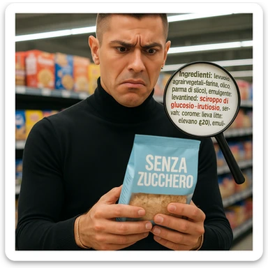 Man in supermarket, holding a 'SENZA ZUCCHERO' product, ingredient list with 'sciroppo di glucosio-fruttosio' in bold red, confused face, floating magnifying glass, hyper-realistic, harsh fluorescent lighting. Variant 5. sticker