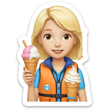 girl blonde kid wearing lifejacket, holding ice cream sticker
