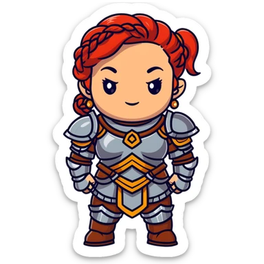 female dwarf from Lineage 2 with braided red hair, stocky build, wearing fantasy armor and jewelry sticker