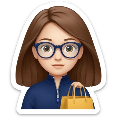 A little girl (he usually calls her baby), who is obsessed with shopping and luxury brands and holds a dozen of bags, she wears navy blue half zip sweater and holds 10 bags and she has long brown hair with Prada eyeglasses  sticker