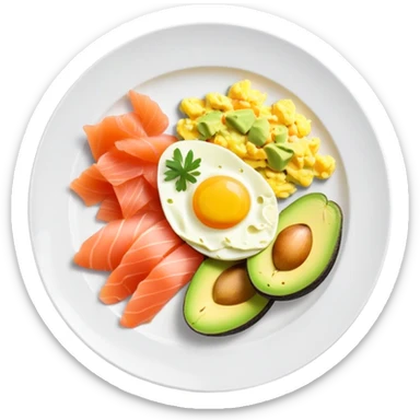 Breakfast plate with avocado, scrambled-eggs and smoked salmon sticker