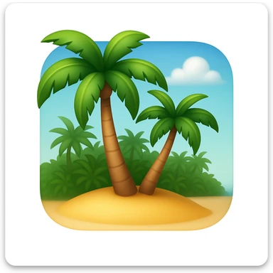 Create a beach emoji that looks exactly like the reference image in classic iOS emoji style. The emoji should have a 3D appearance with shiny, smooth gradients and soft shadows. Include palm trees and sand with the classic emoji look, emphasizing the 3D, shiny, smooth gradient style and soft shadows as seen in iOS emojis. sticker
