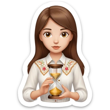 A Ukrainian girl with brown hair wearing a white embroidered shirt holds an hourglass in her hand sticker