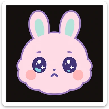 kawaii chibi-style bunny emoji with a round fluffy face, sparkly eyes, blushing cheeks, pastel color palette, pouty mood, soft rounded design, anime-style, black background, vector art sticker