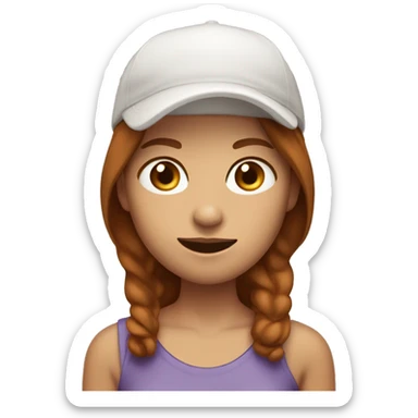 A slightly taned, very dark ginger/brown haired, woman with a cap saying “kiksagi” eating chocolate sticker