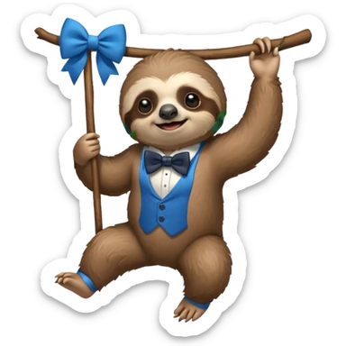 cute swinging Sloth on stick, blue bow tie sticker