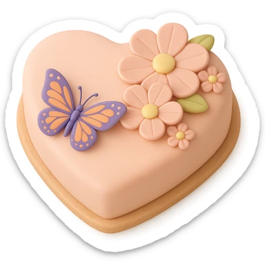 Make the butterfly smaller on the heart-shaped fondant cake with pink flowers, fondant cake art style, keep transparent background. sticker