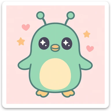 alien penguin, green skin, antennae, whimsical, cute style sticker