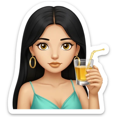 Girl with long black hair, small gold hoop earrings, and taking a tequila shot sticker