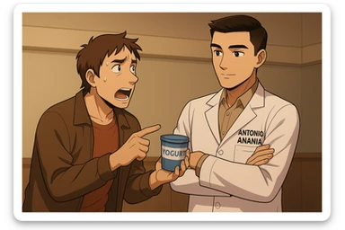 fai un webtoon manga a colori con questo stile, in cui un uomo fa una domanda al kinesiologo con il camice bianco (fagli anche la scritta "ANTONIO ANANIA" SUL CAMICE, l'uomo chiede una cosa mostrando un formaggio e uno yogurt al kinesiologo con il camice, IL KINESIOLOGO annuisce e SPIEGA ALL'UOMO UNA cos. L'UOMO ha un ESPRESSIONE CONFUSA IN VOLTO. non fare i fumetti però, fai solo in modo che sembri stiano parlando sticker