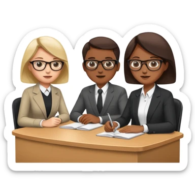 3 personas paradas. conversando sentadas cada una en su escritorio sticker