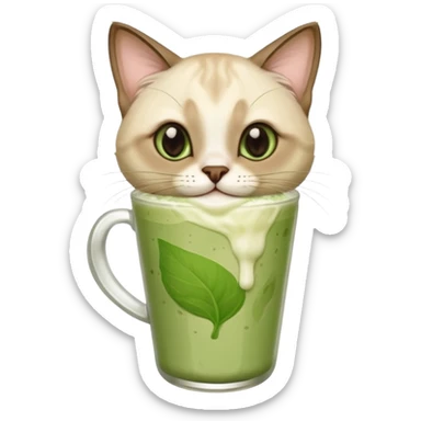 Happy Siamese Cat holding in its paws an iced matcha latte sticker