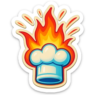 chef's hat explode with trails of fires, emoji, playful, flame red gradient, hat is pure white, vibrant, flame matching style reference file sticker