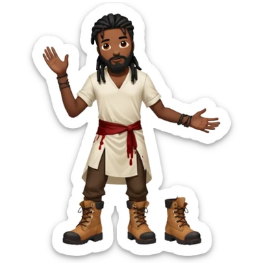 African American man with shoulder length black dreadlocks with black beard wearing a white tunic with blood on it wearing timberland boots with hands out clean sticker