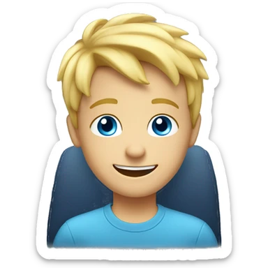 smiling blond boy in car with blue shirt and blue eyes and there is smoke and fire around him sticker