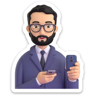 full body standing pose of same professional man with medium black beard, neat black hair, connected unibrow, olive tan skin, brown eyes, glasses, prominent nose, dressed in formal black jacket, with mobile phone sticker