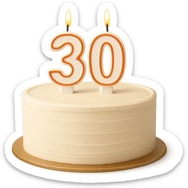 birthday cake with a candle shaped as the number 30, simple, clean, no text on cake sticker