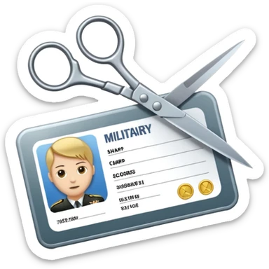 Scissors cutting military ID card in the middle front view sticker
