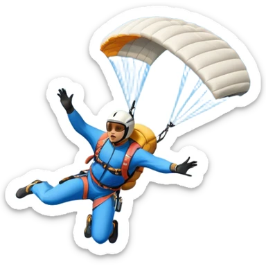 A base jumper soaring through the air, parachute deployed, flying off a steep mountain peak. The background is filled with majestic mountains, clear blue sky, and distant clouds, capturing the exhilarating thrill and beauty of extreme sports. sticker