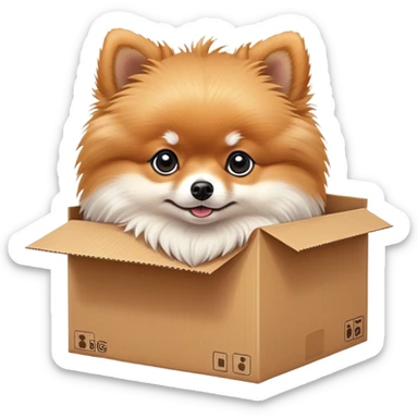  A very cute young pomeranian  with one's head tilted to one side poked its paws out of the cardboard big box and placed them on top of it sticker