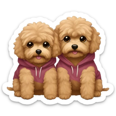2 brown maltipoo dogs hugging, they are brother and sister wearing matching hoodies sticker