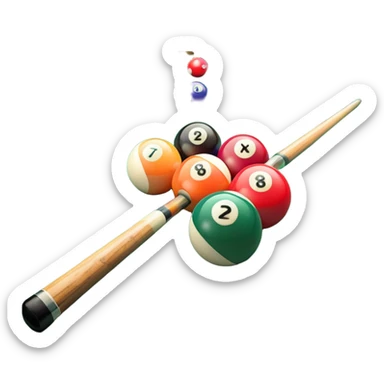 Two crossed pool cues resting on a billiard table, with colorful billiard balls scattered across the surface. The background features the felt of the table, creating an inviting atmosphere for a game of precision and strategy sticker