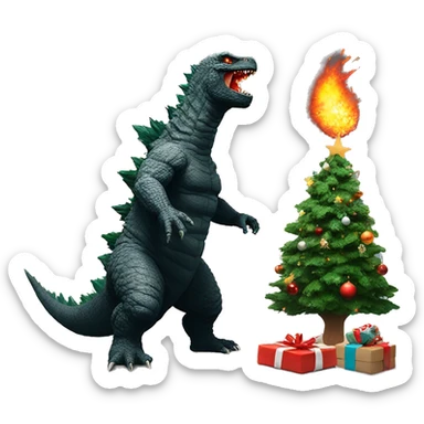 Godzilla destroying a Christmas tree with fire breath sticker