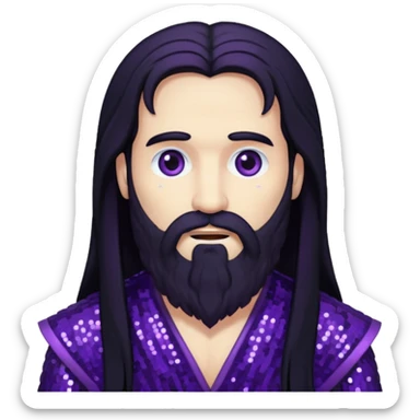 Pluto, God of Death from Gods and Goddesses with long black hair and beard, deep purple sequin outfit sticker