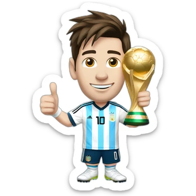 lionel messi with blue and white tshirt with argentina logo doing thumps up and the world cup trophy on the other hand sticker