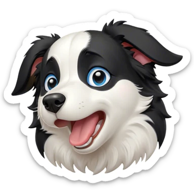 Cinematic Cute Yawning Border Collie Portrait Emoji, Head tilted slightly with a dramatic, wide-open yawn, showcasing a smooth black and white coat, floppy ears slightly drooping, round blue eyes barely open in drowsy contentment, Simplified yet irresistibly adorable features, highly detailed, glowing with a soft, cozy glow, high shine, relaxed yet alert, stylized with a touch of whimsy, bright and endearing, soft glowing outline, capturing the essence of a sleepy yet spirited herder, so drowsy it feels like it could stretch right out of the screen and curl up for a nap! sticker