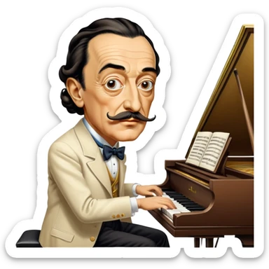 Salvador Dali with his iconic mustache playing a piano sticker