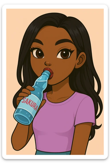 Add the word 'Sakura' to the blue Ramune soda bottle label. Headshot only of a 20-year-old anime Bratz style woman with dark skin, straight hair, trendy outfit, big expressive eyes, glossy lips, no hat, no tears, happy expression, both eyes open, looking straight ahead, drinking blue Ramune soda from the classic glass bottle. sticker