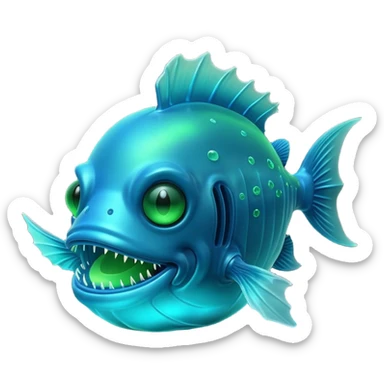 3D render of Anglerfish, bioluminescent deep sea style, glowing neon blue and green lights, dark background to contrast the glow, translucent organic textures, Apple emoji style, 3D render --v 6.0 sticker