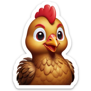 Cinematic Cute Brown Chicken Portrait Emoji, Head tilted playfully and inquisitively, featuring a lustrous brown feathered coat with a natural sheen and a subtle red comb, round, sparkling beady eyes filled with curiosity, Simplified yet irresistibly adorable features, highly detailed, glowing with a warm, friendly glow, high shine, affectionate and lively, stylized with a touch of country charm, bright and endearing, soft glowing outline, capturing the essence of a mischievous yet loving chicken, so playful it feels like it could peck out of the screen and into your arms! sticker