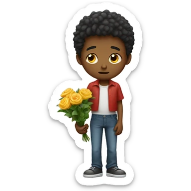 Sad boy giving flowers and gift sticker