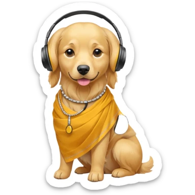 dog, saree dress with headphone, yellow sticker