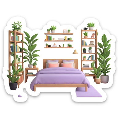 aesthetic bedroom with soft colors, plants, bookshelves, and study area sticker