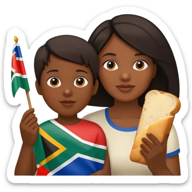 Lady with son ( dark hair) eating white bread and holding South African flag  sticker