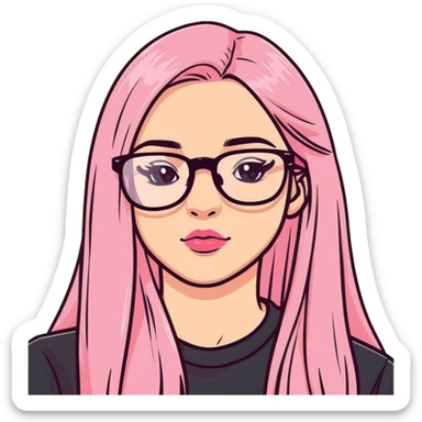 Teenage girl taking a selfie in a school bathroom. Long straight blonde hair with pink dye, rectangular glasses, black shirt, neutral expression with slightly glossy lips sticker