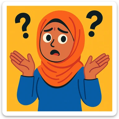 a girl wearing a hijab looking confused, with question marks '??' floating around her, expressive face, modern illustration, colorful and friendly sticker