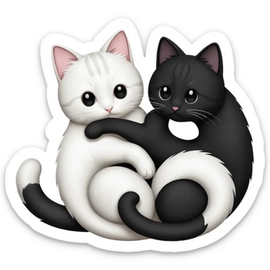 two cats, one black and one white, forming a yin-yang symbol, tails and bodies intertwined, emoji style sticker